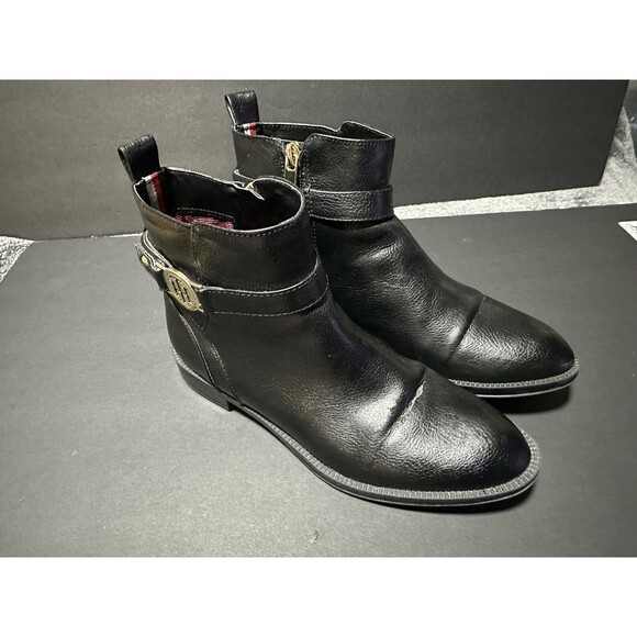 Tommy Hilfiger Rumore Black Ankle Boots with Gold Accents Size 7 - Picture 1 of 11